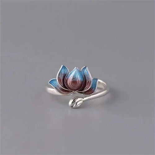 Vintage Silver Plated Blue Lotus Flower Rings For Men Women