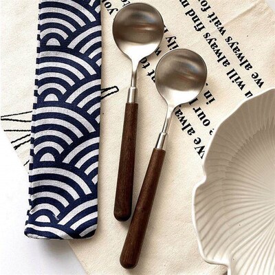 New Ins-style 304 Stainless Steel Round Soup Spoon, Walnut W