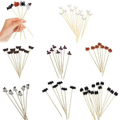 100pcs Halloween Pumpkin Bamboo Skewers Fruit Forks Buffet