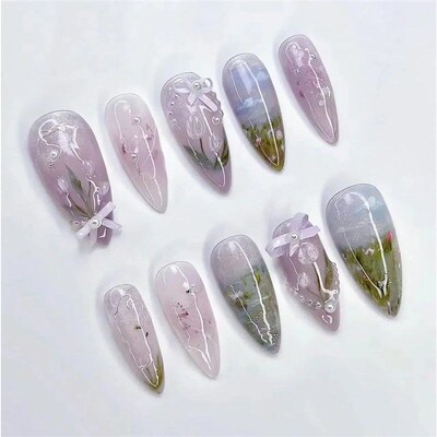 24Pcs Flora Almond Press on Nails with Glue Mori Girl Nail A