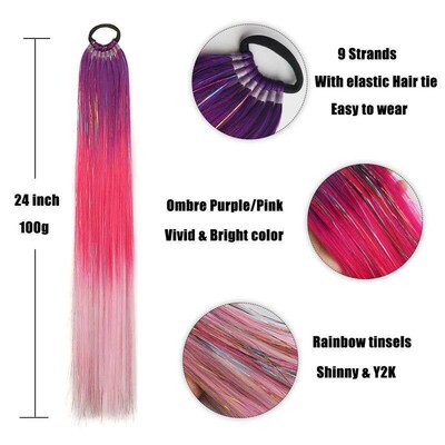 Purple Red Pink Tel Ponytail Extension with Elastic Hair Tie