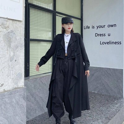230908 Solid Color Patchwork Pocket Pleated nch Loose Turn-d