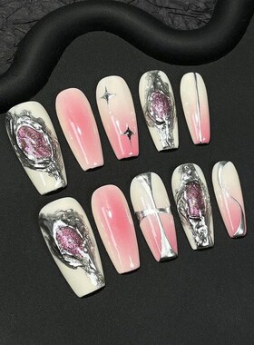 10Pcs Black Handmade Press On Nails Coffin Fake Nails Full C