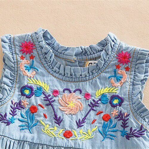 AiLe Rabbit Girls Denim Dress Princess Dress Embroidered Sle