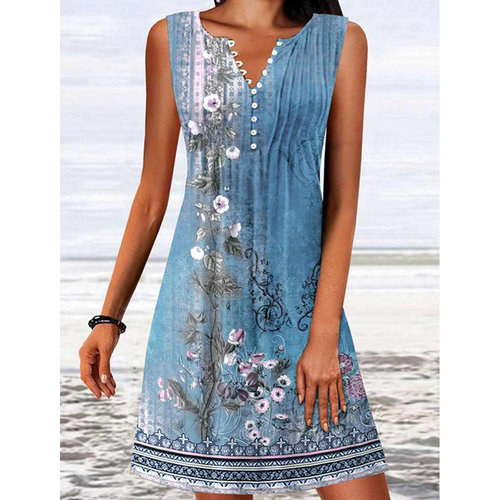 Elegant Plant Flower Print Dress Womens Button V Neck