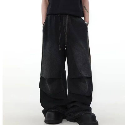 2024 Ropa  Fashion Elastic Waist Striped Pleated Baggy Jeans