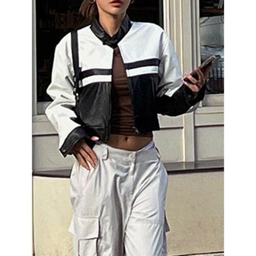 SUCHCUTE Korean Set Contrast Black White Print Leather Jacke