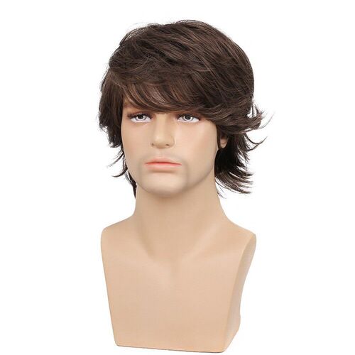 Fashion Mens Short Hair Warped Brown Wig Fluffy Long Bangs