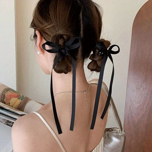 2PC/Set Long Ribbon Bow Hair Clip Fashion Sweet Black Mini C