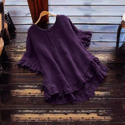 Summer 2025 Plain Relaxed Ruffled Round Neck Short Sleeve Bu