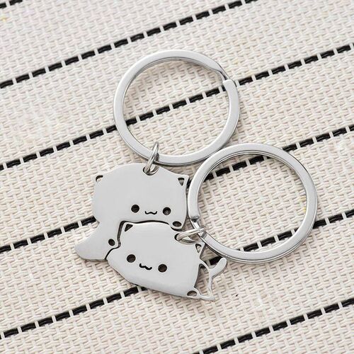 Cute Cat Keychain Stainless Steel Key ring Couple Lover Anim