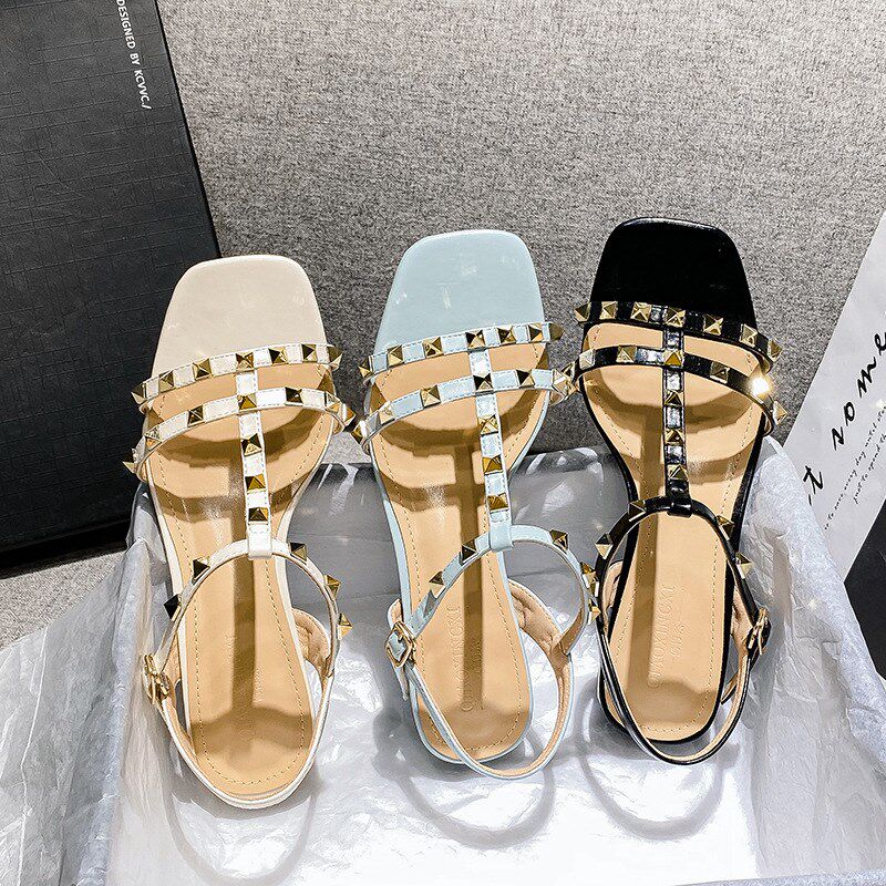 2023 Summer low heel women rivets sandals thin ribbon fashio