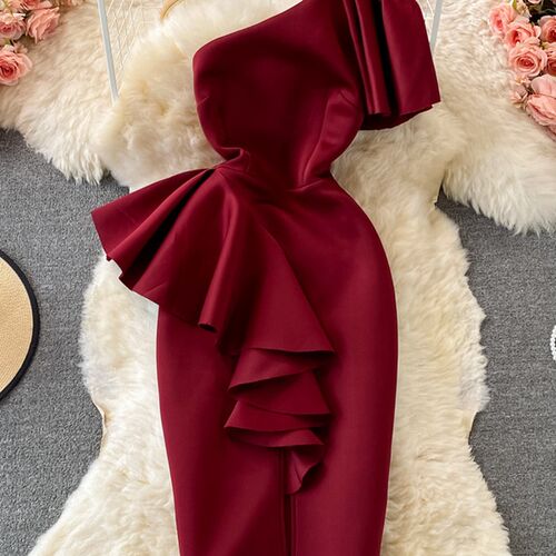 Kimutomo Elegant Solid Ruffles Stitching Sloping Shoulders