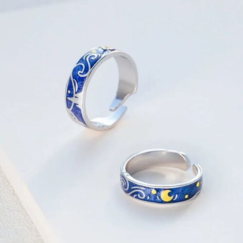 Romantic Star Moon Couple Rings Blue Starry Night Rings For