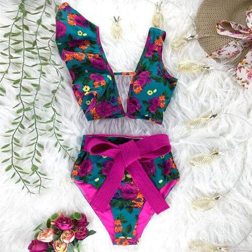 Two-Pieces Women Floral 2021 Push-Up Padded Bra Ruffles Band
