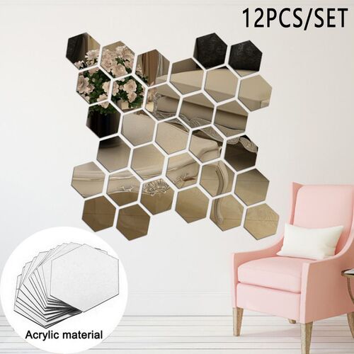 12PCs/Set 3D Mirror Wall Stickers Hexagon Mirror DIY Home De
