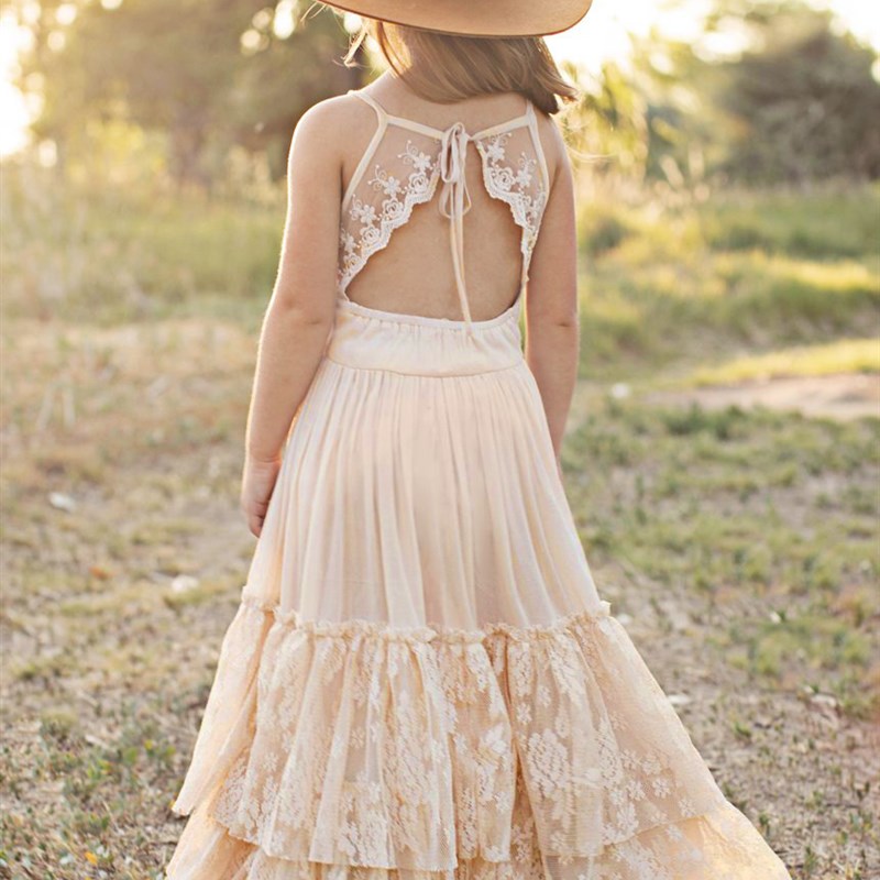 Princess Girls Lace Cotton Long Dresses Baby Kids Flower Gir图片