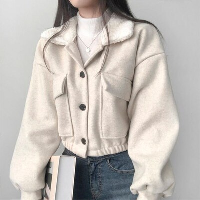 CP Korean Lapel Wool Coats Women Fashion Single Breasted