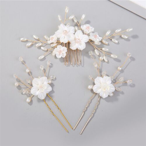 3pcs White Flower U Shaped Hairpin Pearl Elegant Hair Clips