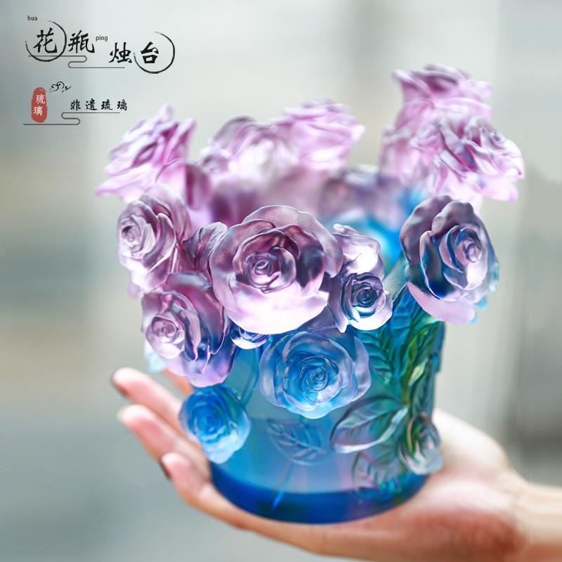 琉璃花瓶玫瑰烛台蝴蝶兰花瓶客厅装饰摆件书房茶室桌面摆放工艺品