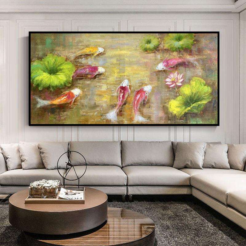 纯手绘油画客厅沙发背景装饰画九鱼图荷花壁画餐厅厚油肌理画挂画