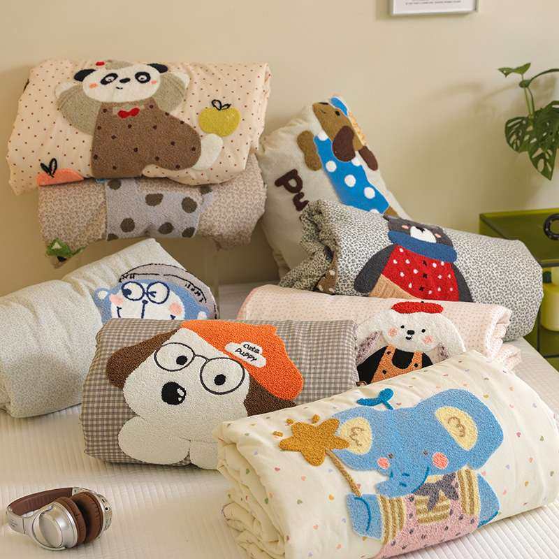 A类可爱毛巾绣大豆全棉夏被软萌双层纱纯棉被子薄被芯可水洗机洗