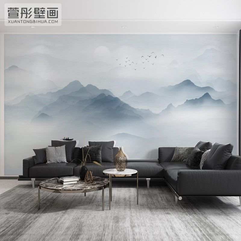中式电视背景墙壁布山水画墙纸书房壁纸客厅墙布茶室墙贴包厢壁画,家装主材,定制壁画,淘宝优惠券,粉丝福利购,淘宝优惠卷