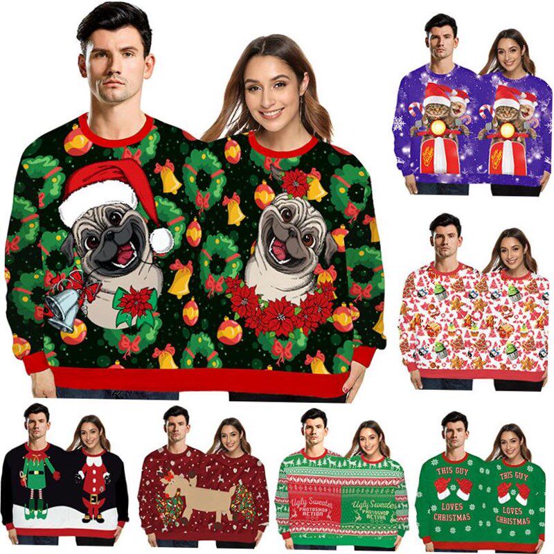 A couple s one-piece round collar guard Christmas sweater图片