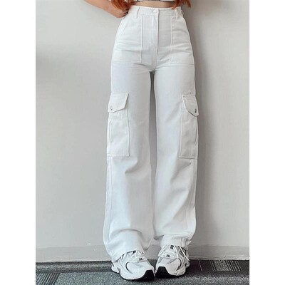 Straight Leg Cargo Pants Women HighWaist Baggy Trousers Lady