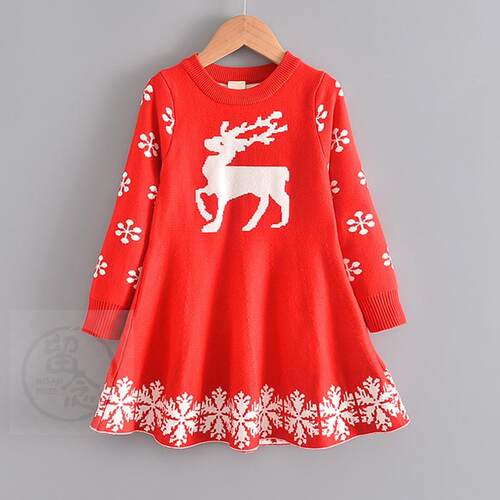 。Girls wool dress Christmas Halloween fawn long sleeve dre
