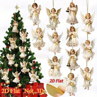 12pcs 2D Vintage Christmas Angel Wooden Pendants Hanging