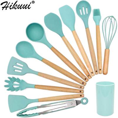 Best Silicone Cooking Utensil Set Wooden Handle Spatula Soup