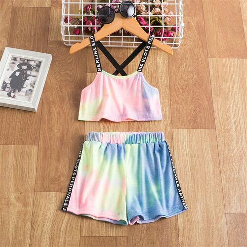 Kids Girls Tie-dye Outfit Summer Sling Backless Spaghetti St