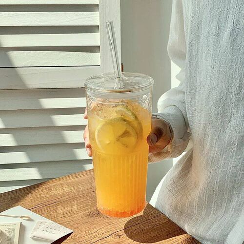 600ml Glass Cup Milk Coffee Cup with Lid and Straw Transpare