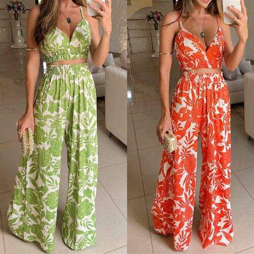 Strap, deep neck, printed vest, elastic waist, long pants,
