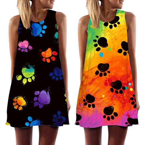 Summer Women Cute Cat Footprint Mini Dress Casual O-Neck