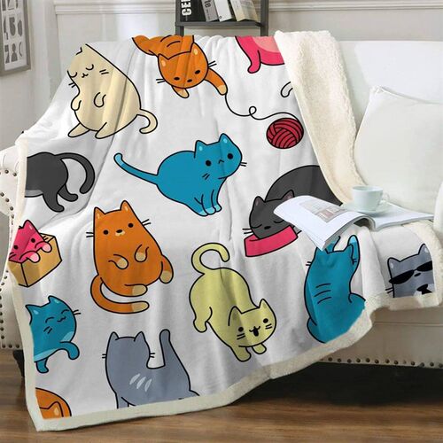 Grey and White Cats Blanket Plush Sherpa Flannel Throw Blank