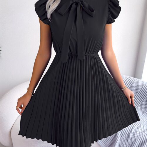 Women Elegant Bow Slim Waist Pleated Dress Summer