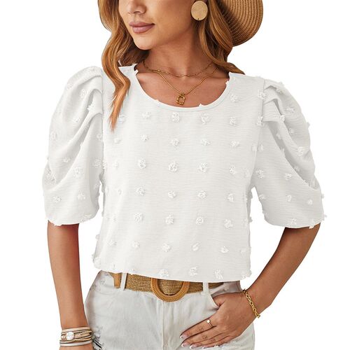 Womens 2025 Woven Jacquard Fur Ball Short Sleeve Square lla