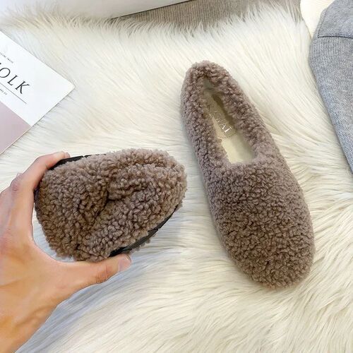 Luxury Lambwool Moccasins Femme Winter Cotton Shoes Women Wa