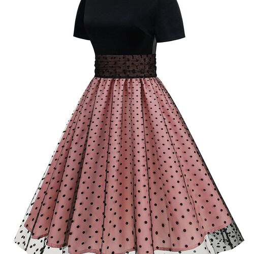 SISHION Short Sleeve Mesh Tulle Patchwork Pink Dress VD