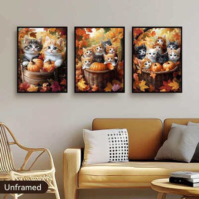 Autumn Maple Leaves And Cats Canvas Wall Art Print Posters 3