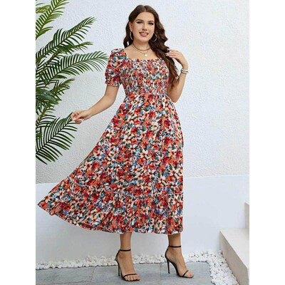 Plus Size Women Clothing Puff Sleeve Floral Maxi Dress Squar