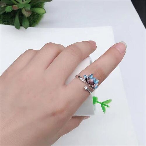 Vintage Silver Plated Blue Lotus Flower Rings For Men Women