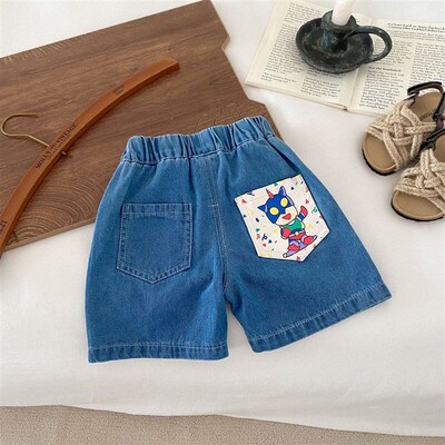 Kids Denim Shorts 06 Years Korean Cartoon Soft Casual Pants