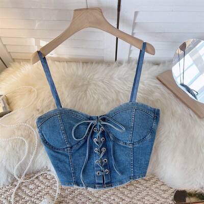 Spaghetti Strap Denim Drawstring Tanks Camis for Women Almig
