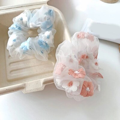 Sweet Embroidery Flowers Mesh Scrunchies Women Romantic Pink