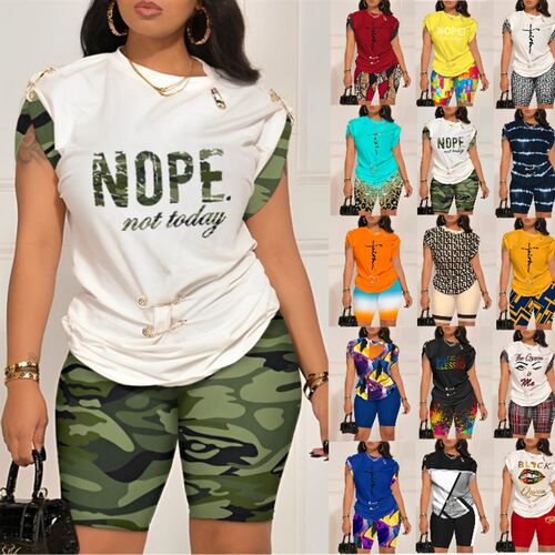 Women Casual Two Pieces Set Summer Fashion Letter Printed O