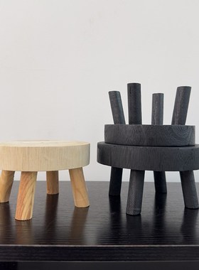 侘寂风木质圆形三脚托盘复古做旧水果陈列茶盘道具民宿装饰摆件