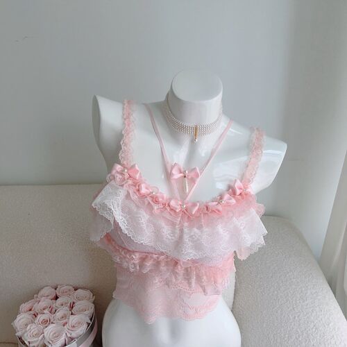 Cute Crop Top Women Summer Lace Trim Bow Decoration Sweet an